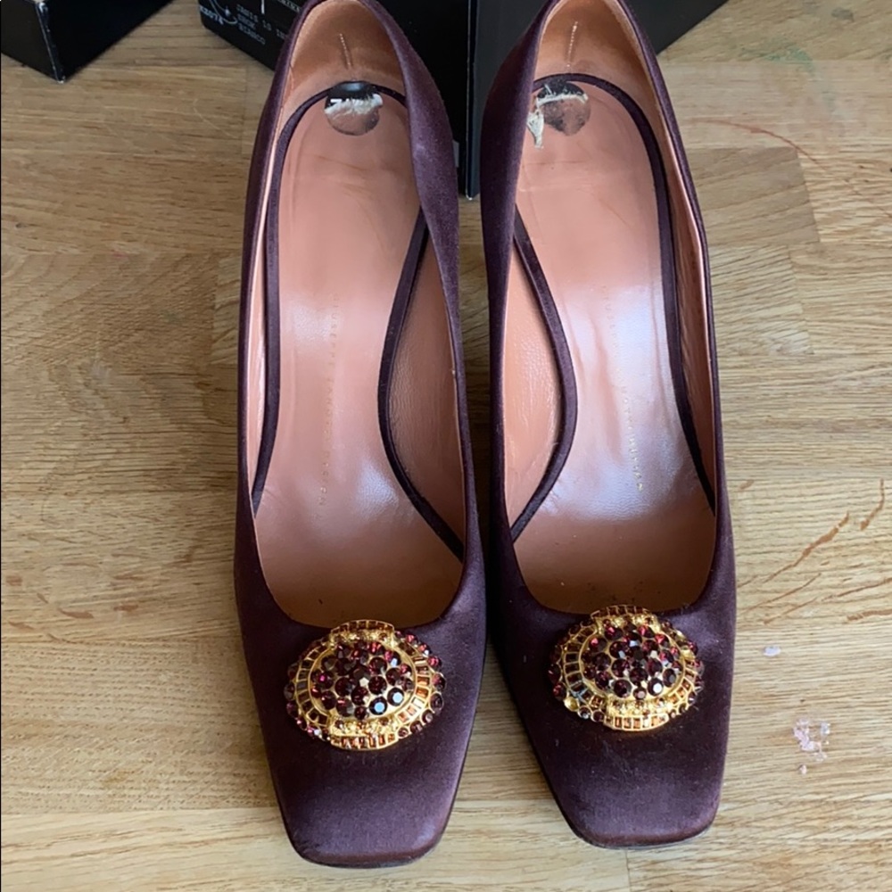 Purple/brown heels with gold and crystal broche